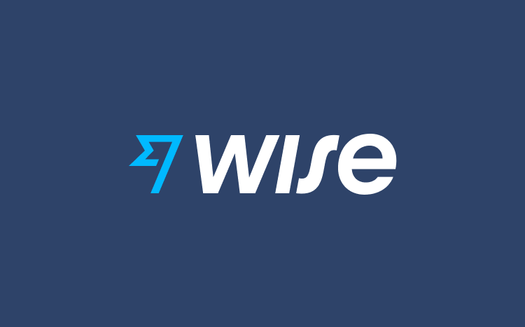 Le logo de wise sur fond bleu foncé, comportant un texte "wise" stylisé blanc avec une flèche bleue pointant vers le haut intégrée à la lettre "w.