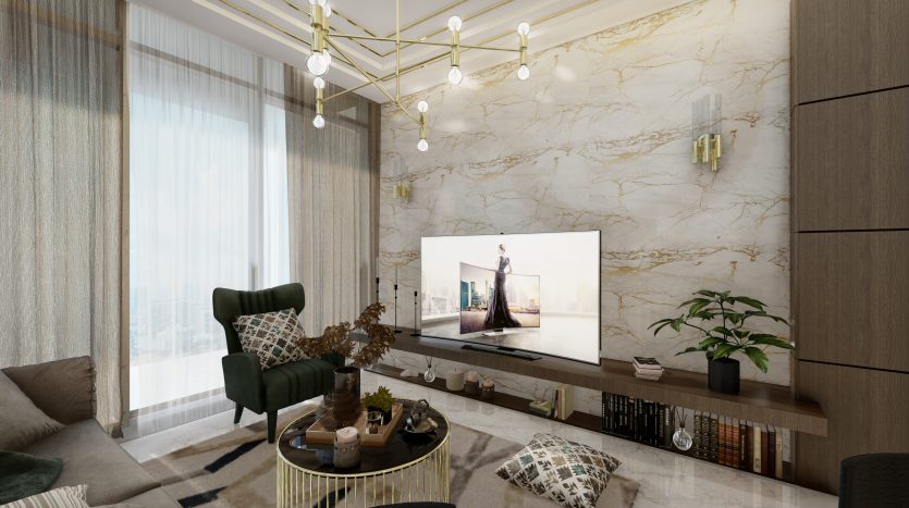 Salon luxueux doté de murs en marbre, d&#039;une grande fenêtre avec des rideaux transparents, d&#039;un mobilier moderne dont un canapé gris et des fauteuils verts, ainsi que d&#039;un lustre géométrique inspiré des vagues de Samana à Dubaï.