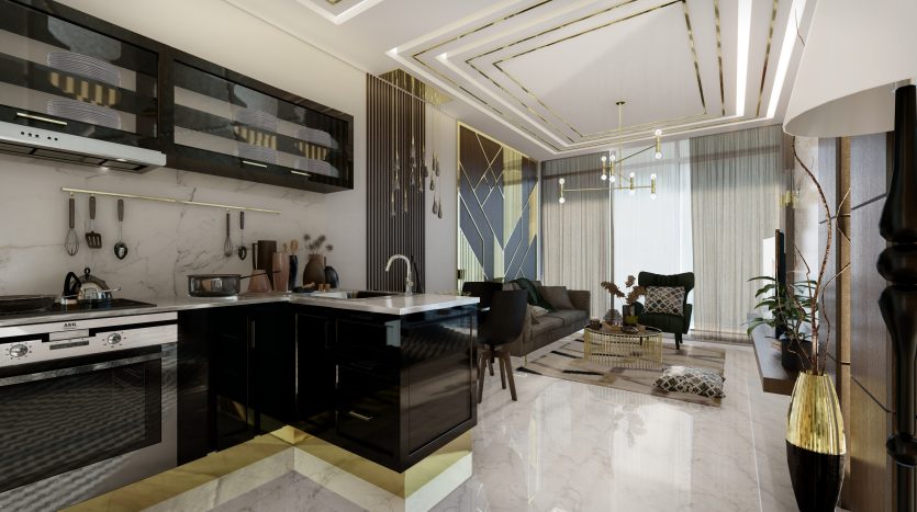Cuisine et salon modernes avec armoires noires élégantes, sols en marbre blanc et touches dorées dans un appartement à Dubaï. L&#039;espace présente des meubles élégants et des plantes décoratives, sous un plafond sophistiqué avec éclairage.