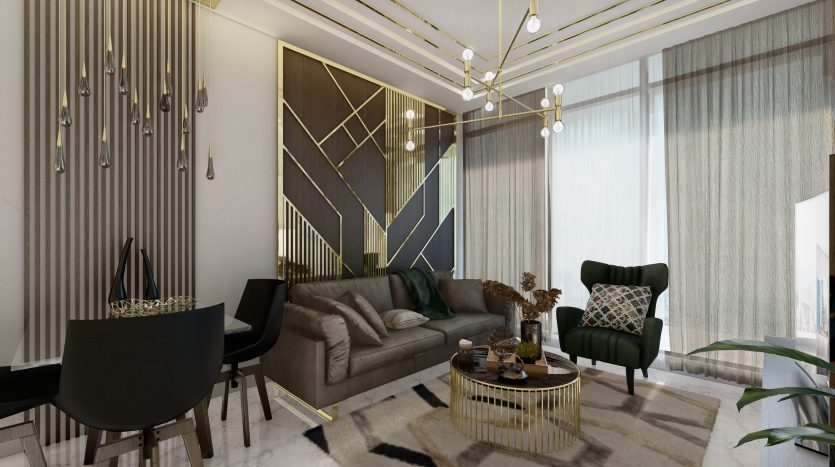 Salon moderne avec un canapé marron, deux fauteuils verts, une table basse ronde dorée inspirée de Samana Waves Dubai et une décoration à motifs géométriques. Des suspensions élégantes et un mur en miroir rehaussent