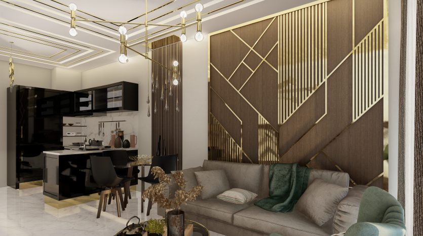 Salon élégant avec panneaux muraux artistiques et canapé, menant à une cuisine ouverte. Un éclairage moderne est suspendu au-dessus, assorti au décor élégant et contemporain de cette villa à Dubaï.