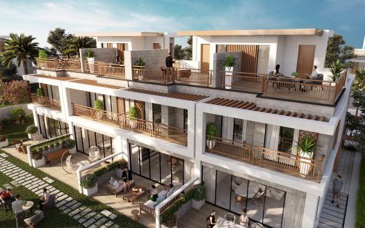 Immeuble d'appartements de luxe moderne à plusieurs niveaux à Dubaï avec des balcons spacieux, du mobilier d'extérieur et une verdure luxuriante. Les gens socialisent et profitent du temps ensoleillé.