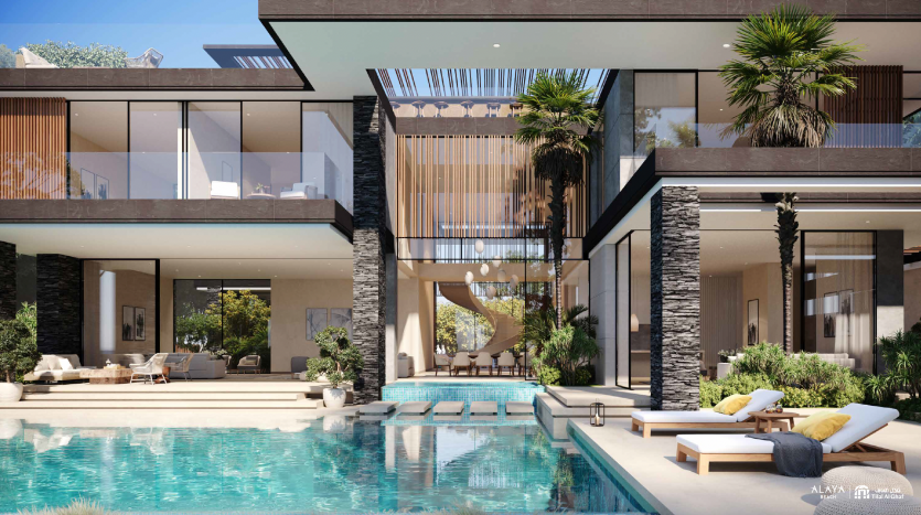 Maison de luxe moderne avec une grande piscine au premier plan, entourée d'un mobilier d'extérieur élégant et d'une verdure luxuriante. La maison présente de vastes murs de verre, des balcons élégants et des accents en bois, incarnant le