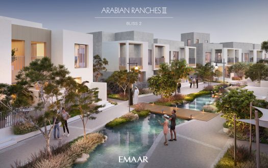 Rendu architectural d'Arabian Ranches III, Bliss 2, présentant des maisons blanches modernes avec des personnes marchant et interagissant dans un espace paysager avec des passerelles et un plan d'eau réfléchissant, idéal pour ceux