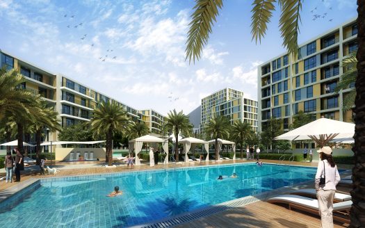 Une luxueuse piscine de style complexe entourée d'immeubles d'appartements modernes, de palmiers et de chaises longues, où les gens profitent de diverses activités sous un ciel bleu clair. Cette scène est typique d'une villa haut de gamme