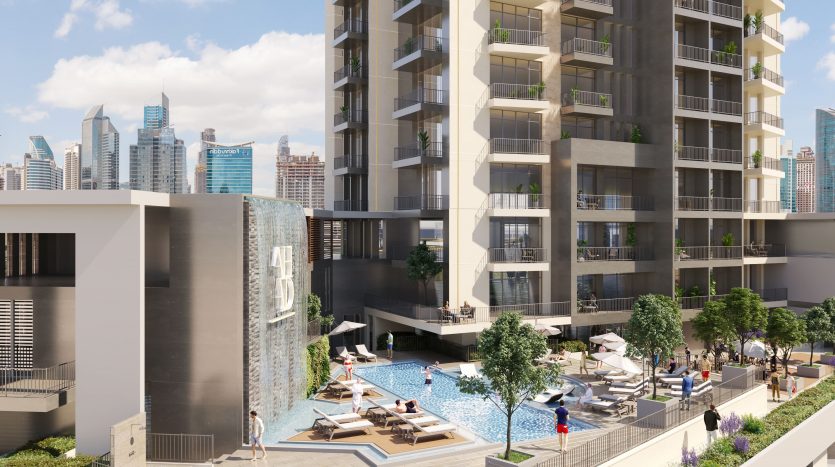 Rendu d&#039;un complexe d&#039;appartements moderne à Dubaï comprenant une grande piscine extérieure, des bains de soleil et de grands immeubles en arrière-plan sous un ciel clair.