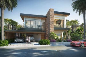 Une maison moderne de deux étages avec des finitions en pierre et en bois à Dubaï, dotée d'un balcon et d'un abri avec deux voitures garées. Un homme ouvre le coffre d'une voiture, tandis qu'une femme se tient debout sur le