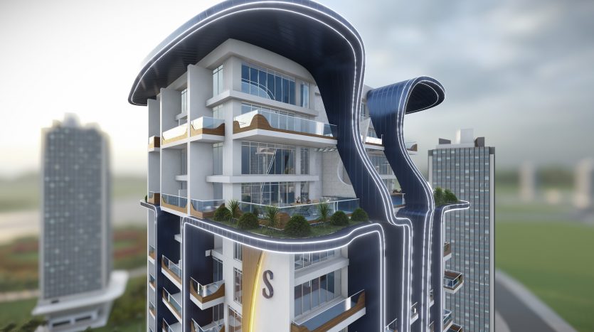 Un immeuble futuriste de grande hauteur avec des motifs bleus ondulés et de vastes balcons, posé sur un ciel nuageux et entouré d&#039;autres gratte-ciel à Samana Waves, Dubaï.