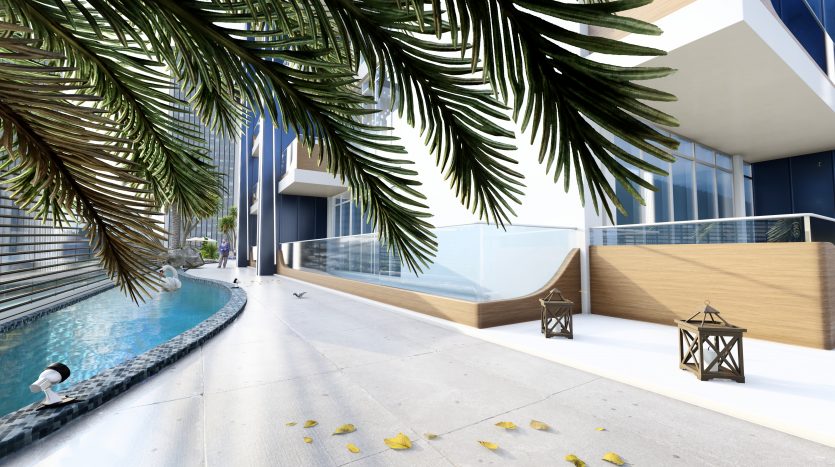 Espace piscine extérieure moderne d&#039;un hôtel de luxe avec un design architectural élégant, des palmiers, des chaises longues et le paisible Samana Waves Dubai sous un ciel dégagé.