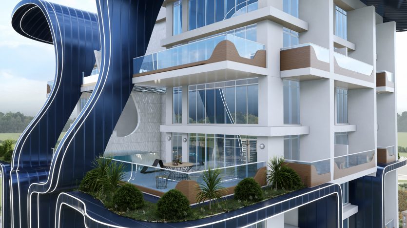 Un bâtiment architectural moderne à Samana Waves Dubaï, présentant un design futuriste avec des éléments bleus fluides et de grandes fenêtres en verre. Le bâtiment dispose de plusieurs balcons et est entouré d&#039;une verdure luxuriante.