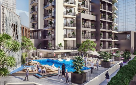 Immeuble d&#039;appartements moderne à Dubaï avec une piscine luxueuse entourée d&#039;une verdure luxuriante et des résidents se prélassant, situé dans un cadre urbain.