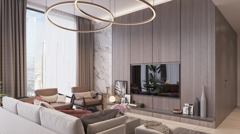 Un salon moderne dans une luxueuse villa de Dubaï comprenant de grandes fenêtres, un canapé crème, des luminaires ronds élégants et un mur lambrissé avec une télévision et une cheminée intégrées.