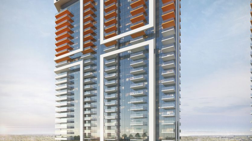Rendu de deux immeubles modernes de grande hauteur à Dubaï avec des façades orange et blanches, dotées de balcons et entourées d&#039;espaces paysagers et de passerelles, sur un ciel clair.