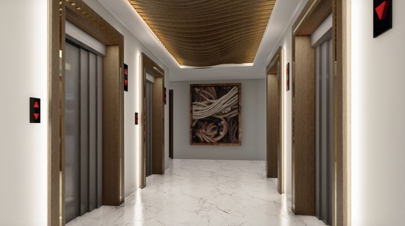 Hall d&#039;ascenseur moderne avec sols en marbre et plafond inspiré de Samana Waves Dubai, avec plusieurs portes d&#039;ascenseur fermées et des œuvres d&#039;art décoratives sur les murs.