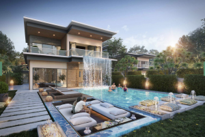 Luxueuse maison moderne à Dubaï avec une grande piscine dotée de sièges et d'une cascade. Les gens se détendent et interagissent dans la piscine et dans les salons entourés d’une verdure luxuriante au coucher du soleil. Idéal pour investir