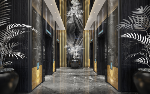 Hall d'entrée luxueux avec une palette de couleurs sombres, avec de grandes plantes décoratives et un éclairage artistique. Une sculpture blanche saisissante centrée entre des murs en miroir renforce l'atmosphère opulente de cet appartement de premier ordre à Dubaï