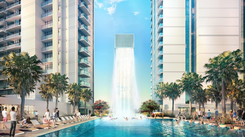 Une oasis urbaine dotée d&#039;une grande piscine bordée de palmiers, nichée entre des immeubles de grande hauteur avec une haute cascade artificielle tombant en cascade d&#039;un gratte-ciel. Les gens se détendent et nagent dans ce cadre ensoleillé et luxueux