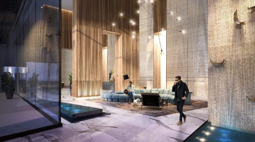 Un hall d&#039;hôtel luxueux à Dubaï avec des sols en marbre et des boiseries verticales. Deux personnes sont présentes ; un marchant et un assis. Il y a des suspensions et des décorations artistiques sur les murs.