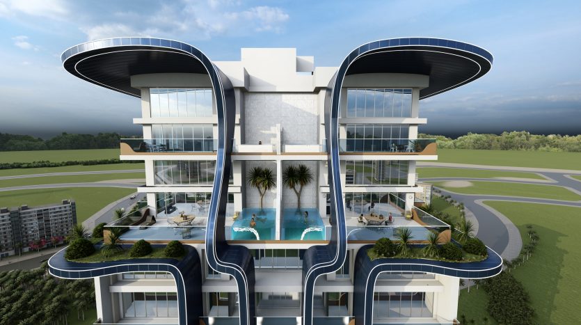 Un bâtiment futuriste au design moderne et symétrique, doté de grandes fenêtres en verre, de balcons proéminents avec piscines au Samana Waves Dubai et entouré d&#039;une verdure luxuriante.