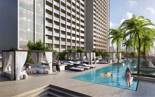 Espace piscine de l'hôtel de luxe du Sterling Dubai avec chaises longues et cabanes, entouré de grands bâtiments sous un ciel clair. Les gens se détendent et nagent dans un cadre ensoleillé et tranquille.