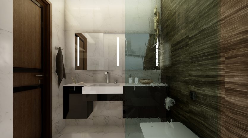 Une salle de bains moderne et élégante dans un appartement de Dubaï avec des murs en marbre, comprenant une élégante vanité avec un miroir, une baignoire, des toilettes et une porte en bois.