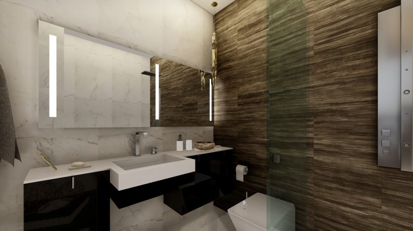 Une salle de bains moderne dans une villa de Dubaï avec des murs texturés en marbre et en bois, avec un lavabo rectangulaire blanc, un grand miroir et des luminaires élégants. Une cabine de douche en verre et un décor minimaliste sont visibles.