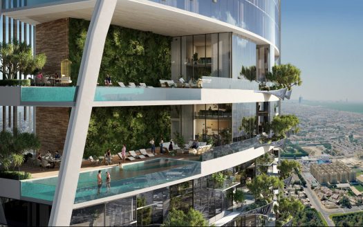 Un rendu artistique d&#039;un appartement moderne de grande hauteur à Dubaï comprenant des balcons spacieux avec une piscine, une verdure luxuriante et des personnes profitant de l&#039;espace extérieur, surplombant un paysage urbain.