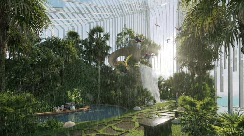 Un jardin intérieur futuriste dans une villa à Dubaï, avec une verdure luxuriante, une cascade, une petite piscine et des gens pratiquant diverses activités comme le skateboard et le swing, le tout sous un plafond transparent.