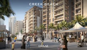 Rendu artistique d'une promenade urbaine animée dans la zone de la plage du ruisseau "Louis" avec des passants, des vendeurs et des immeubles d'habitation de grande hauteur sous un ciel clair à Dubaï.