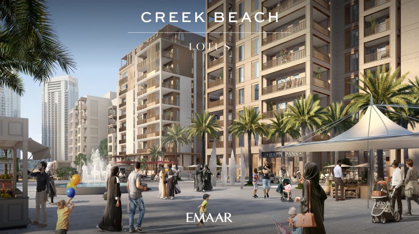 Rendu artistique d&#039;une promenade urbaine animée dans la zone de la plage du ruisseau &quot;Louis&quot; avec des passants, des vendeurs et des immeubles d&#039;habitation de grande hauteur sous un ciel clair à Dubaï.