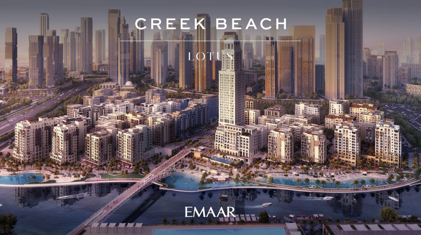 Vue aérienne du projet Creek Beach Lotus d&#039;Emaar, mettant en valeur un quartier résidentiel animé avec de nombreux bâtiments entourant un gratte-ciel central, adjacent à un front de mer, dans un cadre urbain au crépuscule,