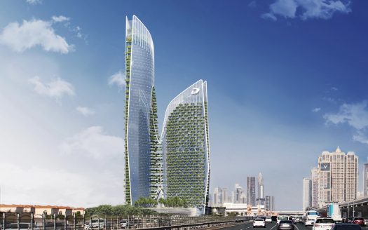 Deux gratte-ciel futuristes avec de la verdure sur leurs façades, l'un courbe et l'autre droit, se dressent sur un ciel bleu clair dans une ville animée de Dubaï avec des routes très fréquentées en contrebas.