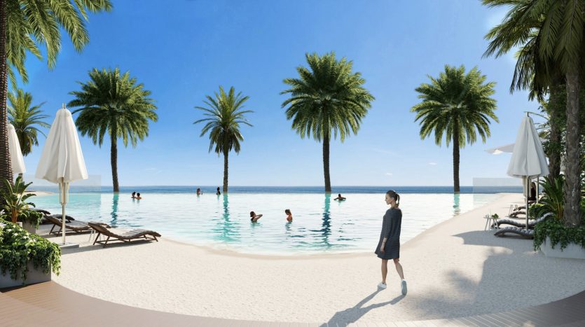 Une scène de station balnéaire tranquille avec une grande piscine à débordement bordée de palmiers et de chaises longues, avec des gens nageant et se relaxant sous le soleil, et une jeune fille marchant au bord de la piscine en immobilier