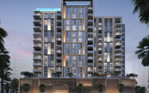 Villa résidentielle moderne à Dubaï éclairée au crépuscule, dotée d&#039;une façade élégante avec une signalisation bien visible « Ellington Berkeley Place » et des balcons aux étages supérieurs.