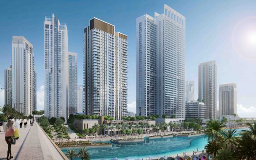 Une scène urbaine dynamique au bord de l&#039;eau à Dubaï avec plusieurs immeubles de grande hauteur, une promenade animée avec des piétons et une grande piscine regorgeant de monde sous un ciel clair et ensoleillé.