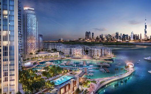 Une vue panoramique d'un paysage urbain animé au bord de l'eau au crépuscule à Dubaï, avec des immeubles de grande hauteur, un port avec des yachts, des piscines luxueuses et une promenade animée, le tout éclairé par des lumières.