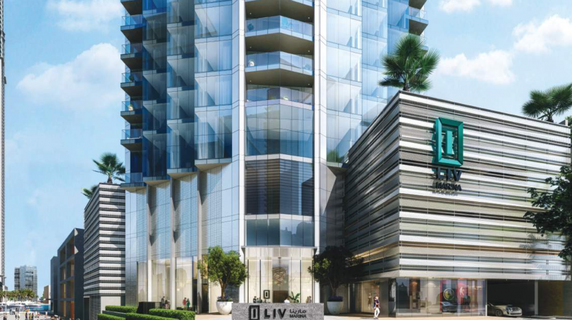 Un paysage urbain moderne avec un grand bâtiment en verre marqué « liv marina » aux côtés d&#039;un autre bâtiment avec des palmiers et un ciel bleu clair symbolise les principales opportunités immobilières pour ceux qui cherchent à investir dans un dub.
