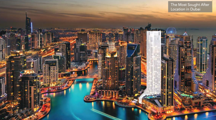 Vue aérienne de Dubaï au crépuscule montrant des gratte-ciel illuminés, des canaux sinueux et des lumières vibrantes de la ville avec en toile de fond un coucher de soleil, idéale pour ceux qui cherchent à investir à Dubaï.