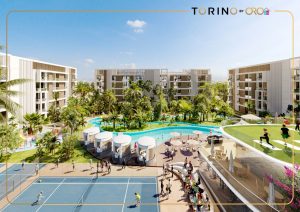 Rendu architectural d'un complexe résidentiel à Dubaï avec deux grandes piscines, plusieurs immeubles d'appartements modernes environnants et plusieurs zones de loisirs, notamment des courts de tennis et des espaces verts luxuriants.