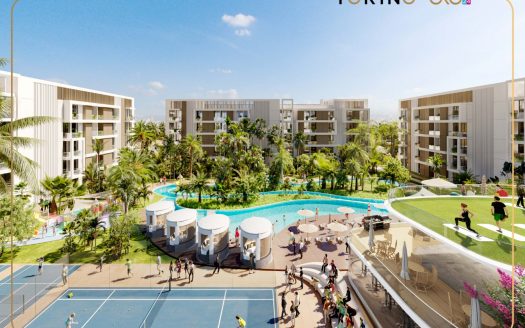 Rendu architectural d'un complexe résidentiel à Dubaï avec deux grandes piscines, plusieurs immeubles d'appartements modernes environnants et plusieurs zones de loisirs, notamment des courts de tennis et des espaces verts luxuriants.