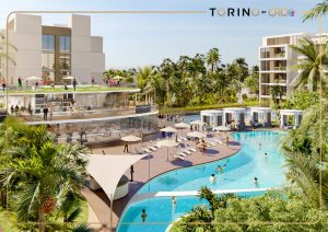 Illustration d'un complexe luxueux comprenant une piscine, des chaises longues et un espace bar, entouré d'une verdure luxuriante et d'immeubles d'appartements modernes à Dubaï sous un ciel bleu clair.