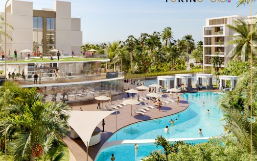Illustration d&#039;un complexe luxueux comprenant une piscine, des chaises longues et un espace bar, entouré d&#039;une verdure luxuriante et d&#039;immeubles d&#039;appartements modernes à Dubaï sous un ciel bleu clair.