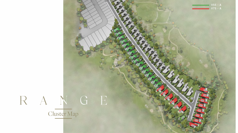 Rendu architectural aérien d&#039;un développement résidentiel nommé « Range », comprenant de longues rangées de villas, chaque rangée étant colorée différemment en vert, rouge et gris, avec des aires de stationnement adjacentes, au milieu d&#039;un aménagement paysager
