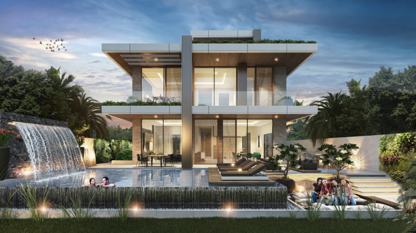 Une luxueuse villa moderne de deux étages à Dubaï au crépuscule, dotée de grandes fenêtres et de balcons, entourée de jardins luxuriants avec une cascade en cascade et une piscine où les gens se détendent.