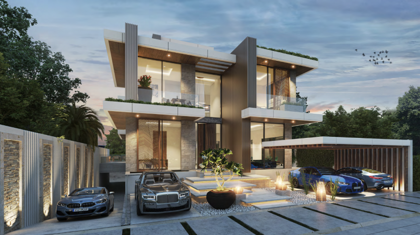 Extérieur d&#039;une villa de luxe moderne à Dubaï au crépuscule, doté d&#039;un patio spacieux et éclairé avec des sièges élégants à côté de voitures de luxe garées, entouré d&#039;une verdure luxuriante et d&#039;un ciel clair.