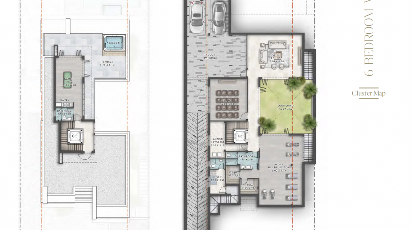 Plans architecturaux montrant une villa de 3 chambres à Dubaï, comprenant des plans d&#039;étage détaillés pour les niveaux du sous-sol et du toit, avec des pièces étiquetées et des éléments de conception.