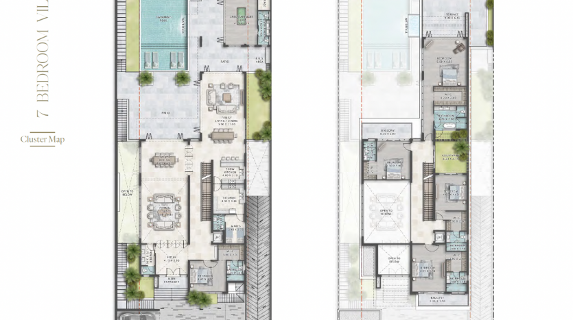 Plans d&#039;étage architecturaux pour une villa de deux étages et 7 chambres à coucher à Dubaï. Le plan de gauche montre le rez-de-chaussée avec piscine et le plan de droite montre le premier étage. Les deux sont détaillés