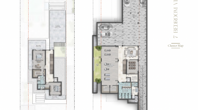 Deux dessins de plans d&#039;étage architecturaux côte à côte, intitulés « deuxième étage » et « sous-sol » d&#039;une villa de 7 chambres à Dubaï, montrant la disposition détaillée des pièces, y compris le mobilier et les éléments de design.