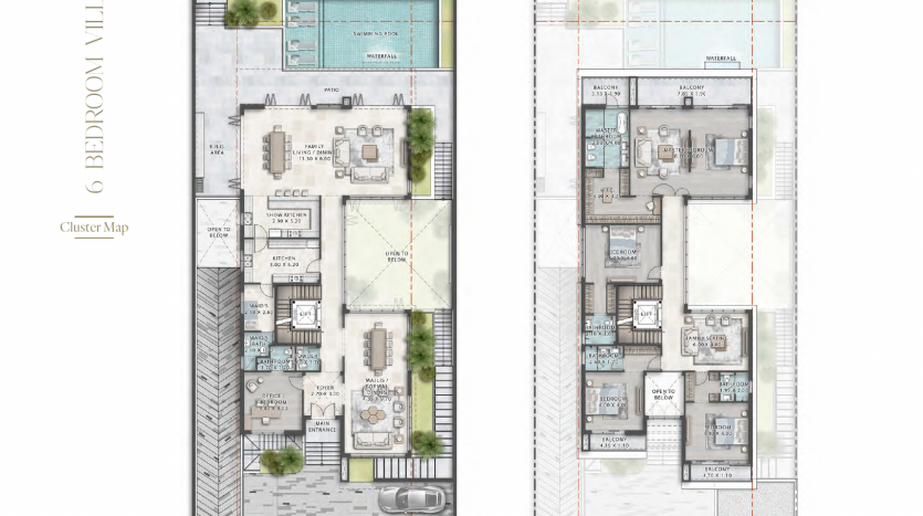 Plans architecturaux d&#039;une villa à deux étages à Dubaï, montrant les dispositions détaillées du rez-de-chaussée et du premier étage. Le rez-de-chaussée comprend un garage, des espaces de vie et une piscine, tandis que le premier