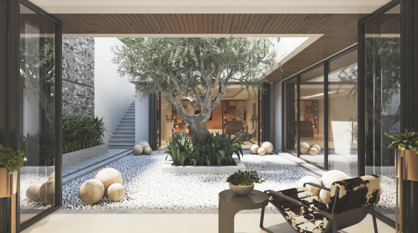 Cour moderne avec un grand olivier entouré de pierres blanches, flanqué de murs de verre et un plafond en bois, doté d&#039;un mobilier minimaliste et de pierres sphériques décoratives. Idéal pour investissement Dubaï.